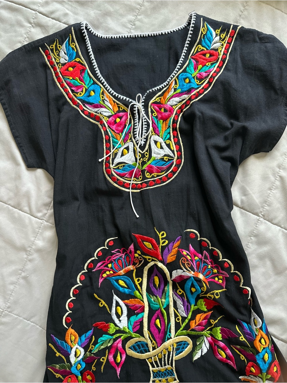 Black Embroidered women’s dress with Multicolor Floral Accents. Mexican